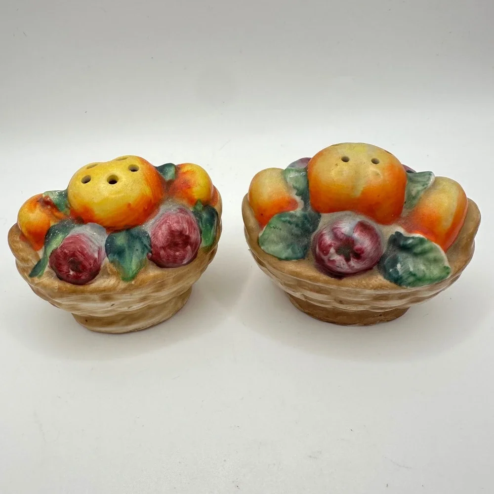 Vintage Japan Ceramic Fruit Basket Salt and Pepper Shakers Set Hand Painted